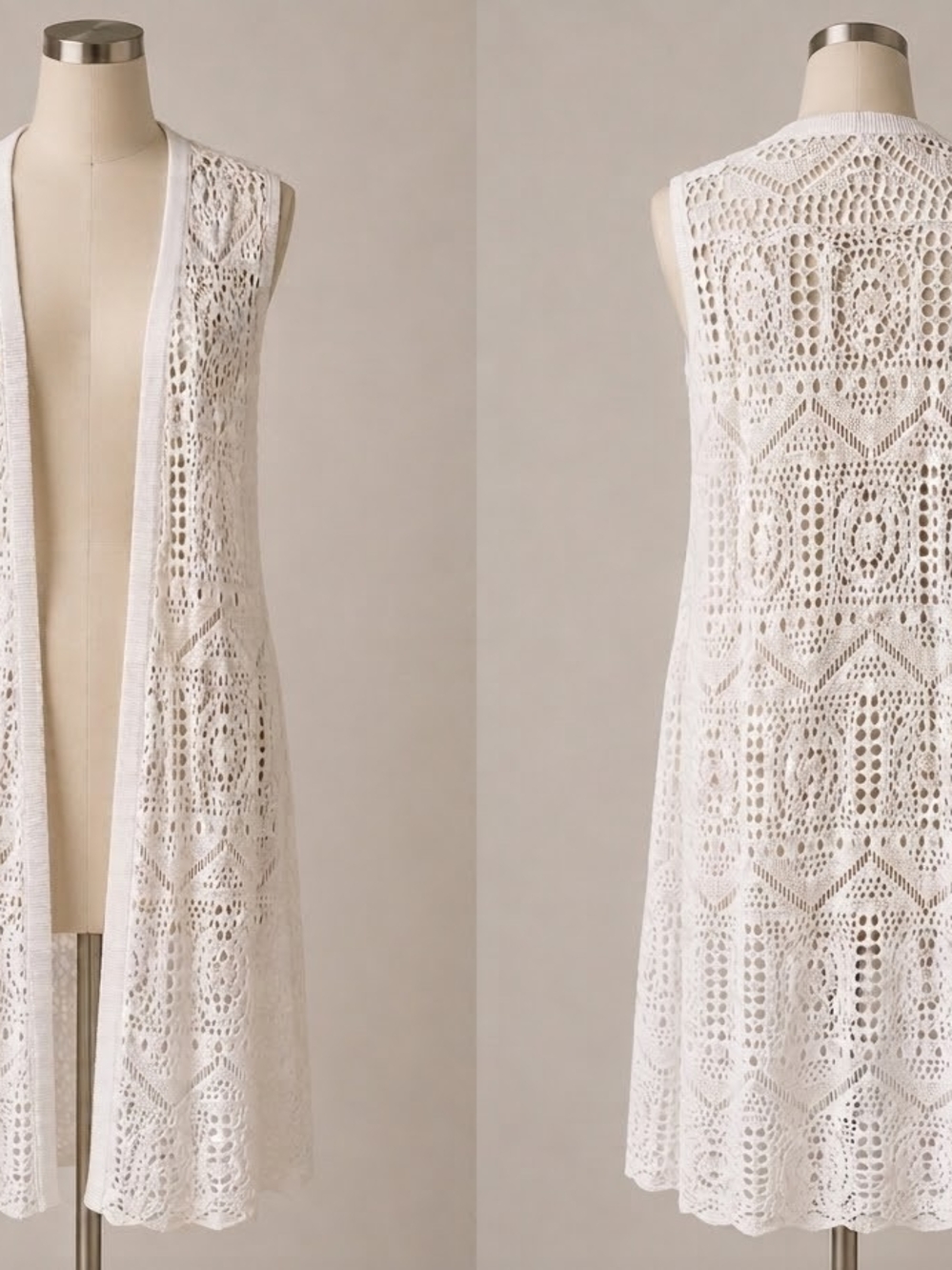 Chelsea & Theodore Cream Crochet Open Front Knit Vest
